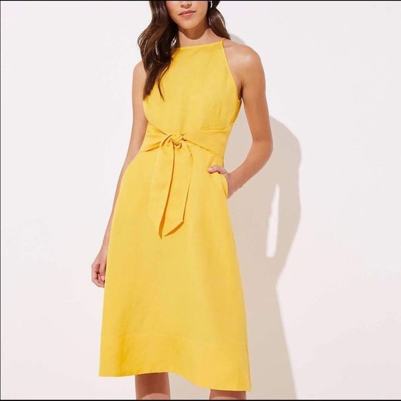 LOFT Size 6 Yellow Linen Blend Halter Dress MIDI Spring Summer - Picture 12 of 13